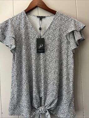 Adrianna Papell White Black Dot Tie-Front V-Neck Flutter Sleeve Top